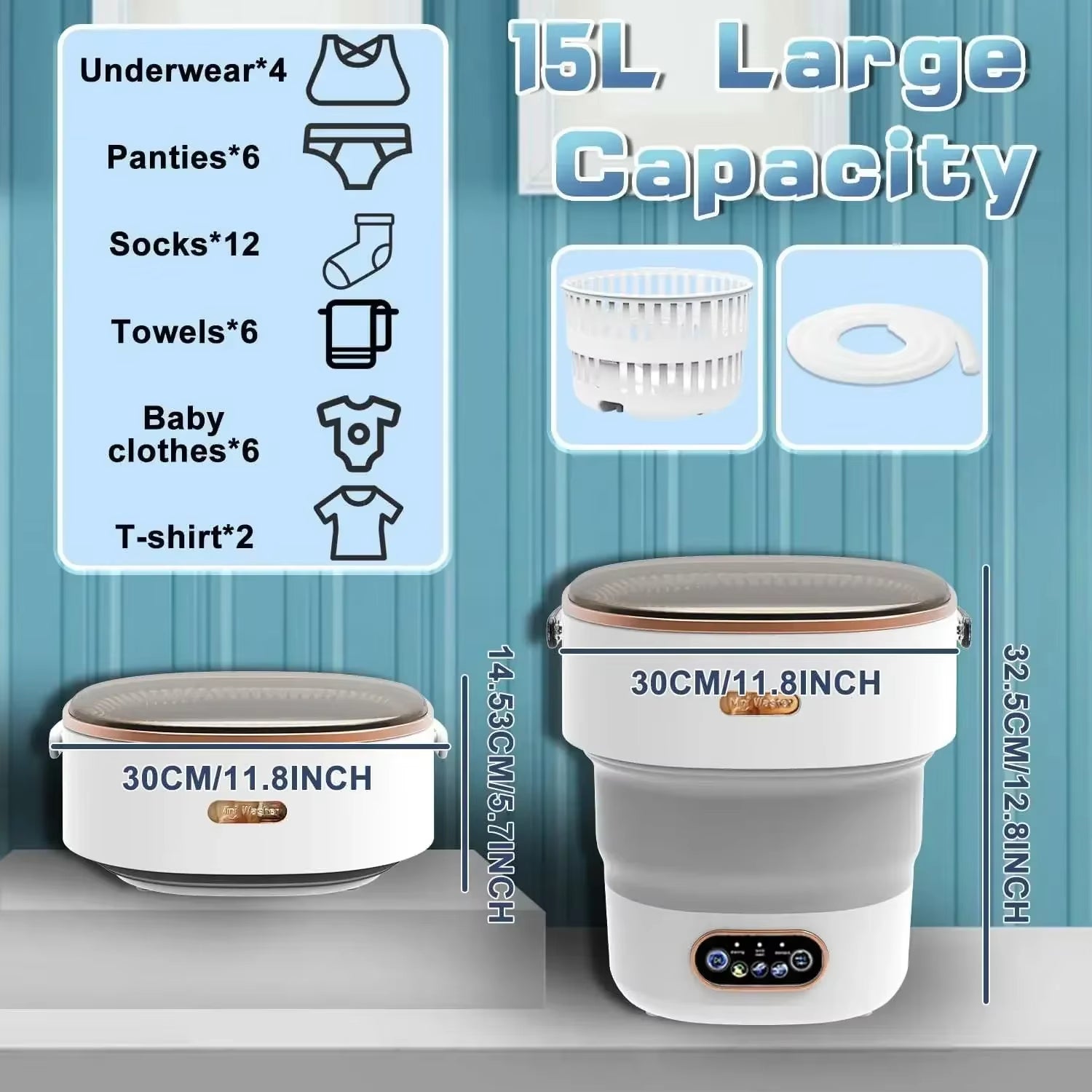15L Portable Washing Machine Folding Large Capacityclothes Spin Dryer Bucket Travel Underwear Panties Socks Foldable Mini Washer